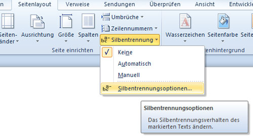 Auswahlmenü der Silbentrennung bei Word