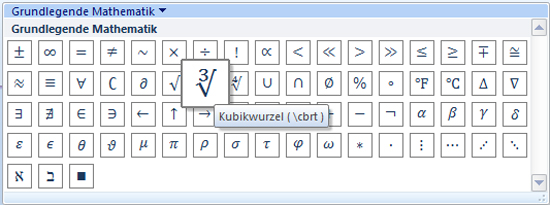 Symbole innerhalb des Formeleditors von Word 2010